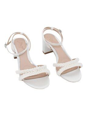 Jewel Badgley Mischka Ninnette Block Heel Dress Sandals Ivory Satin 7.5M
